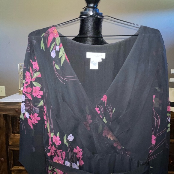 Coldwater Creek dress black with flowers and beading v neck tie at waist 14 - Picture 3 of 6